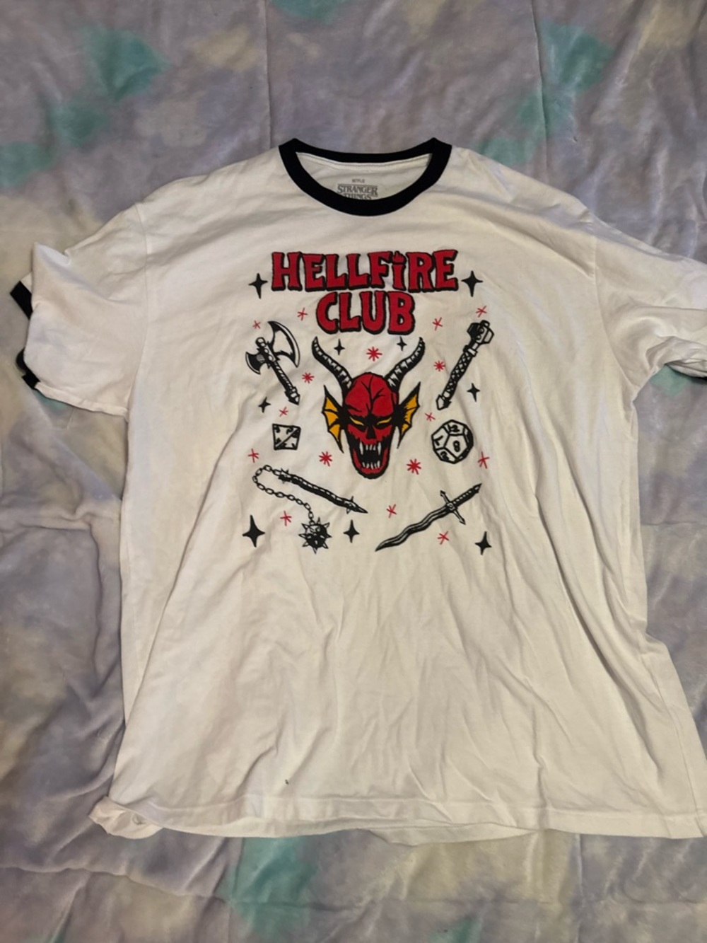 Hot Topic White Ringer Tee with Red, Black and Yellow Hellfire Club Graphic